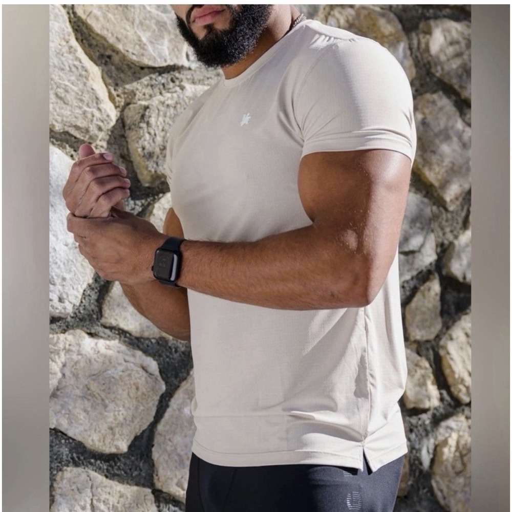 YoungLA 423 Zephyr Compression Short Sleeve Training Shirt Tan Cream Mens Size M